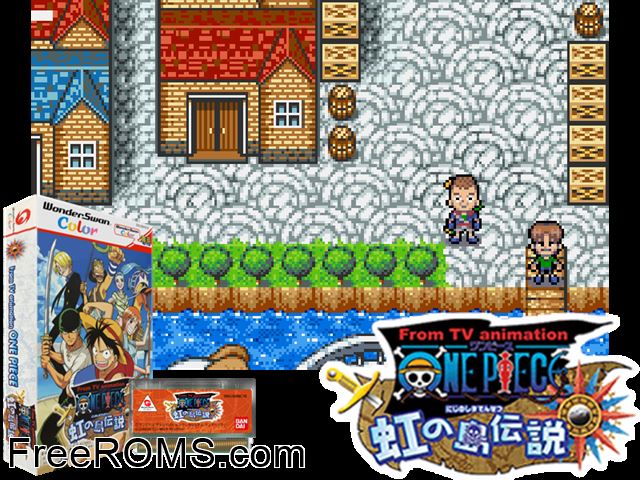 From TV Animation - One Piece - Niji no Shima Densetsu (J)[!] Wonderswan game showing 3D box cover and gameplay screenshot